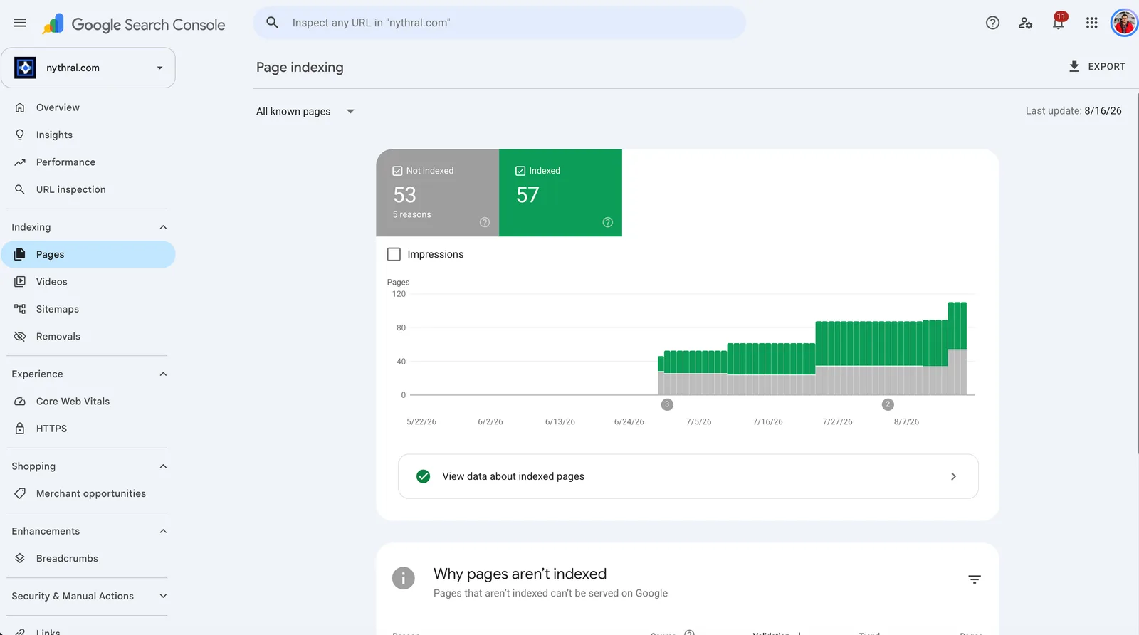 Google Search Console Page indexing report