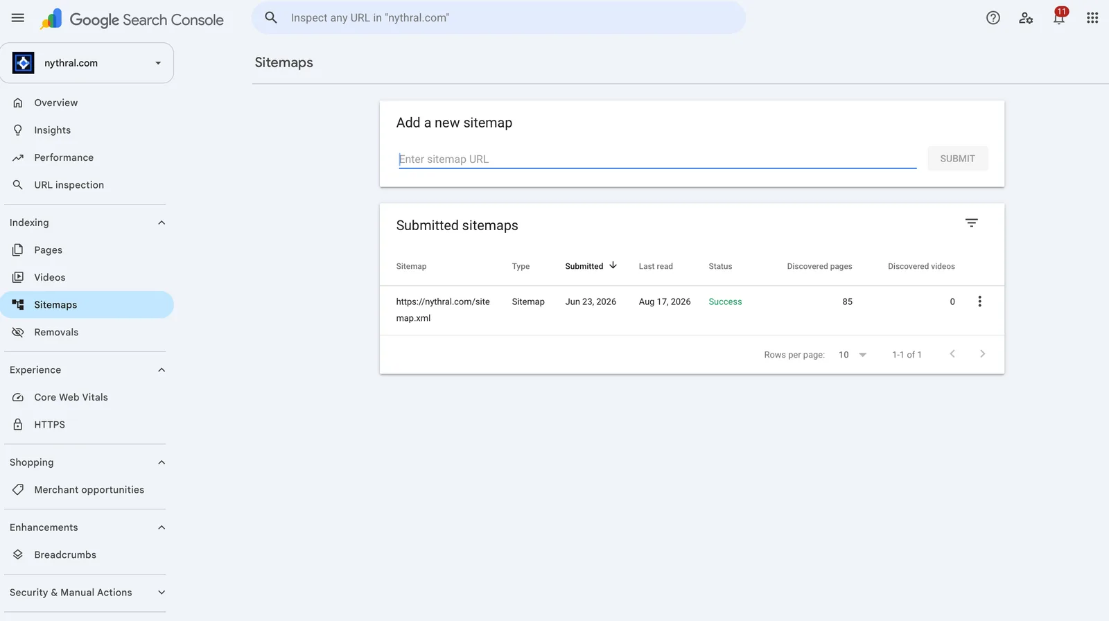 Google Search Console Sitemaps report with a submitted sitemap