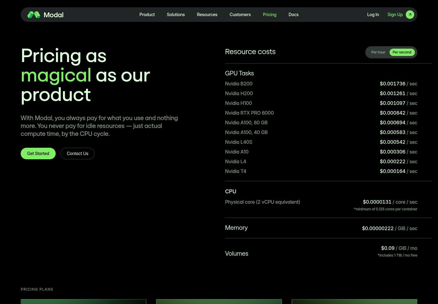 Screenshot of Modal pricing page showing per-second GPU pricing