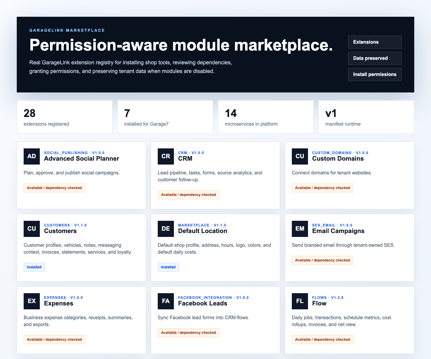 GarageLink CRM Marketplace extensions