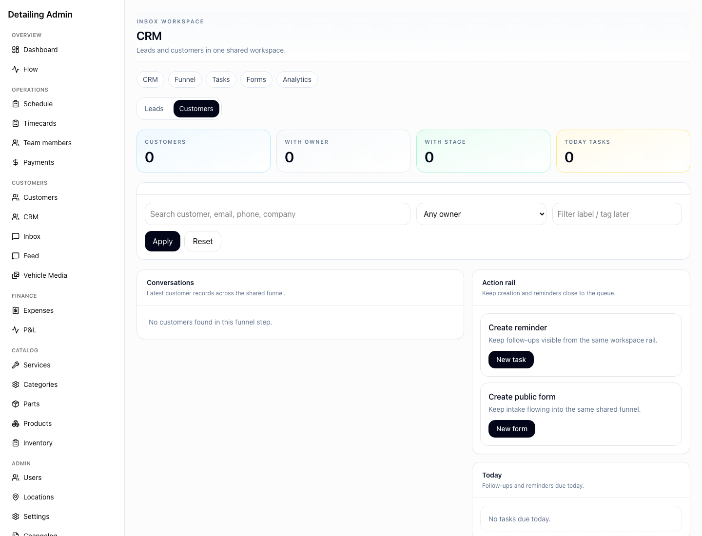 GarageLink CRM Customer workspace